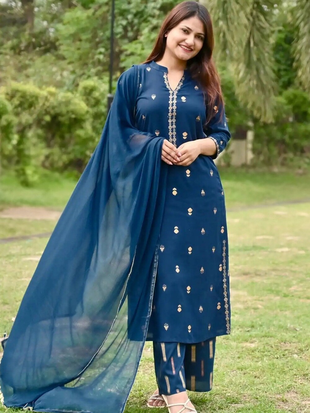 Libas Teal Blue Gold Printed Kurta Palazzo Dupatta Set Ethnic - Picture 2 of 7